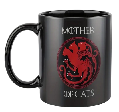 Mother of Cats black ceramic mug with red cat emblem