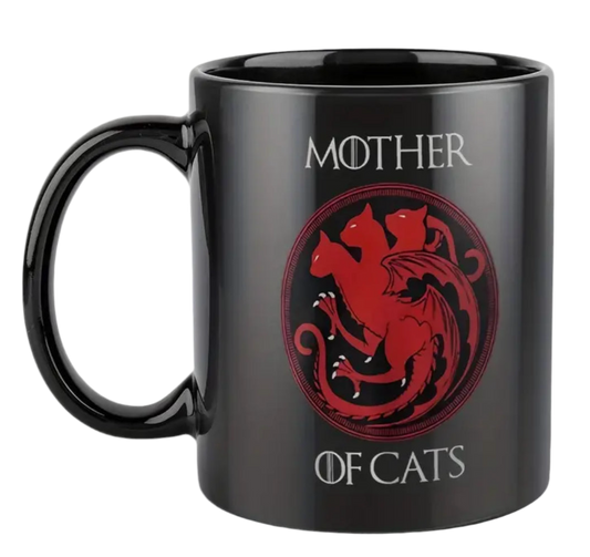 Mother of Cats black ceramic mug with red cat emblem