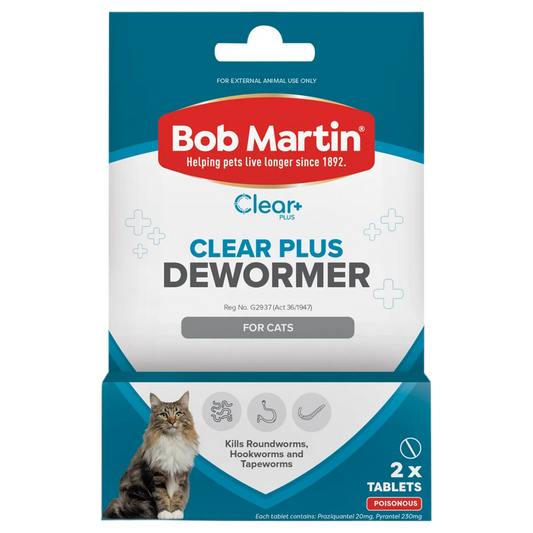 A close-up of the Bob Martin Vetcare Dewormer pack (2 Tablets) for cats and kittens, providing fast-acting treatment against roundworms, hookworms, and tapeworms.
