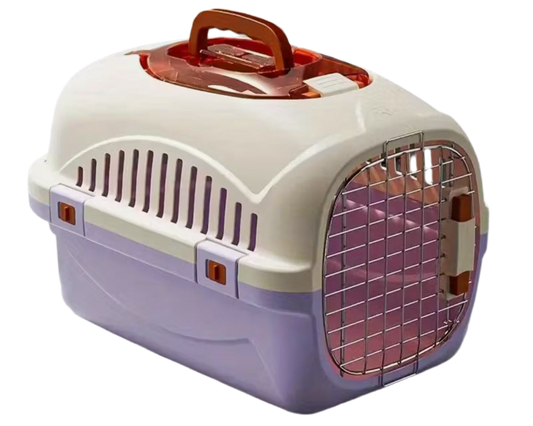 Durable top-load cat carrier with front metal gate.
