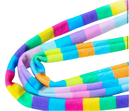 a close-up of three cat teasers' colourful linen. 