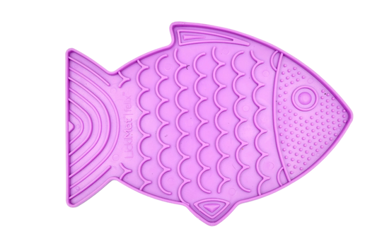 purple fish-shaped Lickimat Felix slow feeder for cats