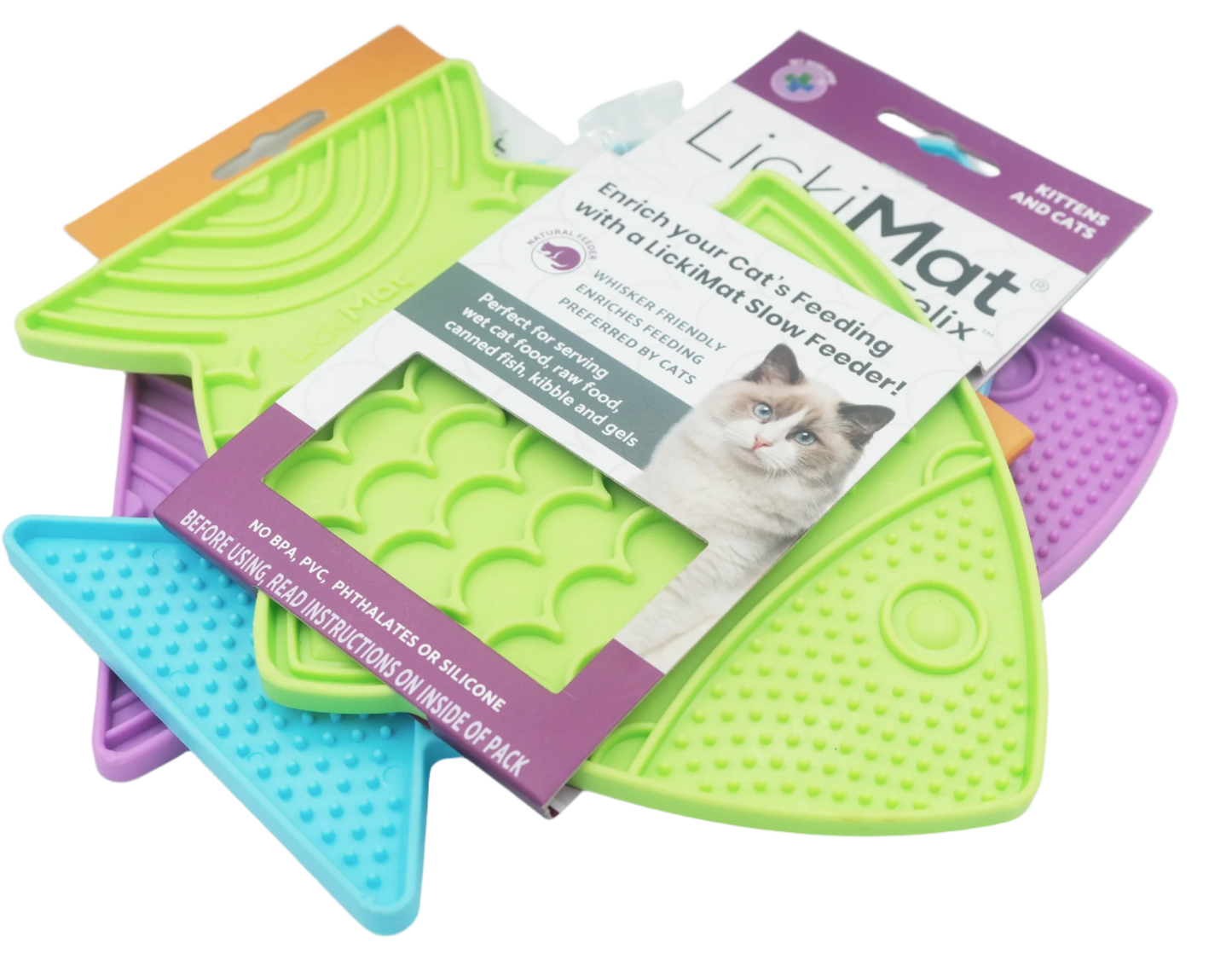 Lickimat Felix fish-shaped slow feeder cat mat in assorted colours