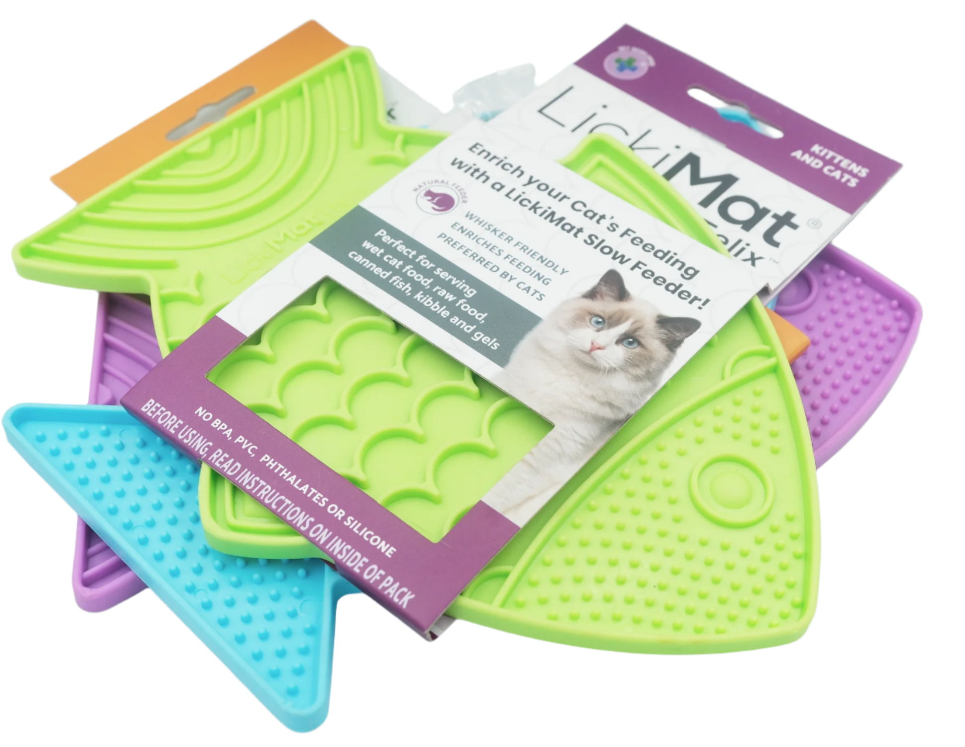 Lickimat Felix fish-shaped slow feeder cat mat in assorted colours