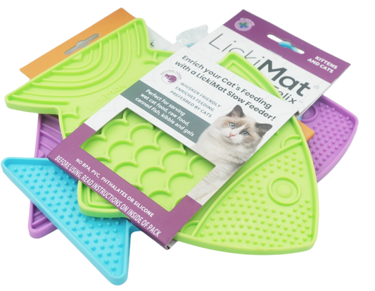 Lickimat Felix fish-shaped slow feeder cat mat in assorted colours