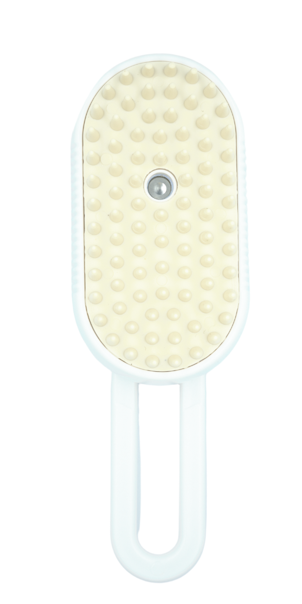 cat grooming brush in white with mist spray function – front view
