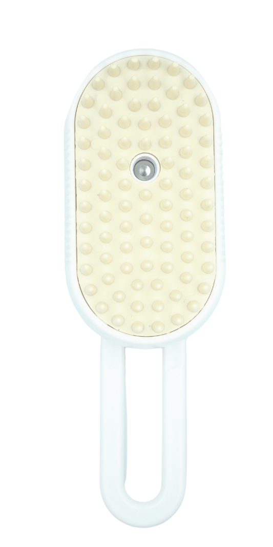 cat grooming brush in white with mist spray function – front view
