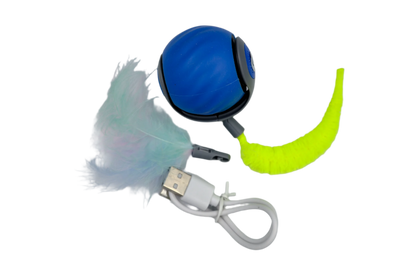 blue rolling cat toy ball with attached feather tail