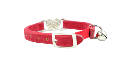 Velvet cat collar with heart pendant and bell – red.