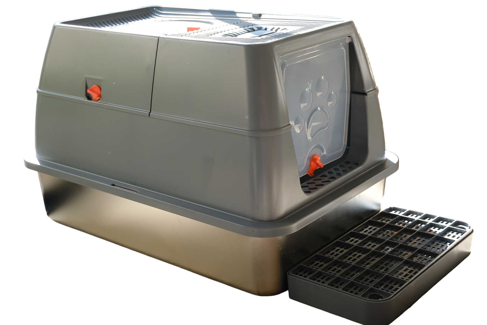 A stylish large enclosed satinless steel cat litter tray with a removable plastic enclosure. The enclosure as a front and roof door. The top of the enclosure can be removed to form an open litter tray with a rim to avoid spills. A stylish step is placed in front of the tray to capture spills. 