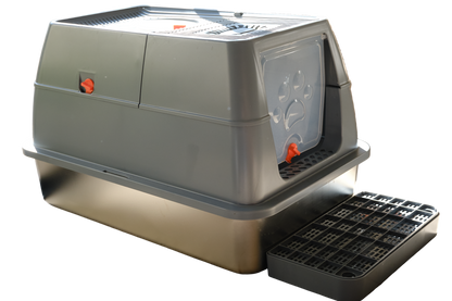 A stylish large enclosed satinless steel cat litter tray with a removable plastic enclosure. The enclosure as a front and roof door. The top of the enclosure can be removed to form an open litter tray with a rim to avoid spills. A stylish step is placed in front of the tray to capture spills. 