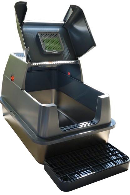 A stylish large enclosed satinless steel cat litter tray with a removable plastic enclosure.