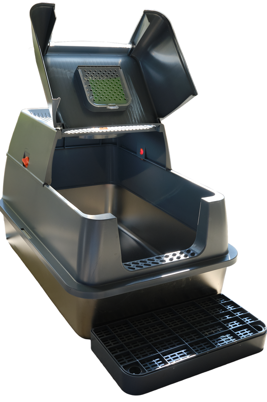 A stylish large enclosed satinless steel cat litter tray with a removable plastic enclosure.