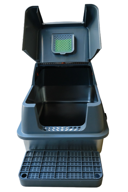 A stylish large enclosed satinless steel cat litter tray with a removable plastic enclosure. The litter box has a grey plastic scoop on the side and the cover is remocable. 
