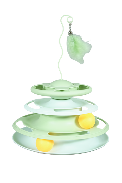 The Shakedown interactive cat toy with feather stick and treat dispenser in green. 