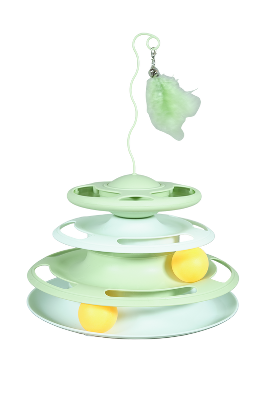 The Shakedown interactive cat toy with feather stick and treat dispenser in green. 