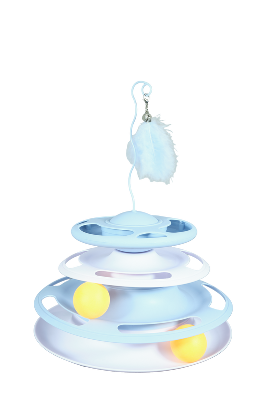 The Shakedown interactive cat toy with feather stick and treat dispenser in blue. 