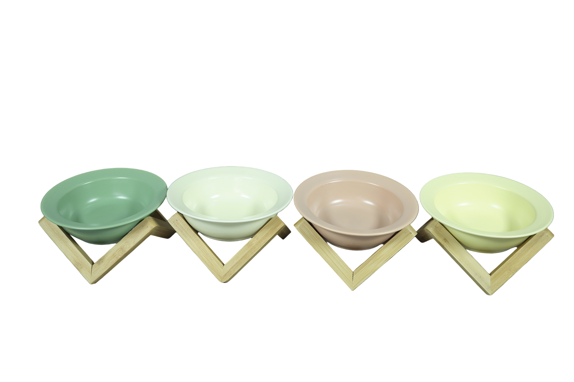 Omertà ceramic cat bowl with bamboo stand, tilted design. In sage green, cream, pink and yellow. 