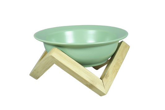 Green elevated ceramic cat bowl on bamboo stand.
