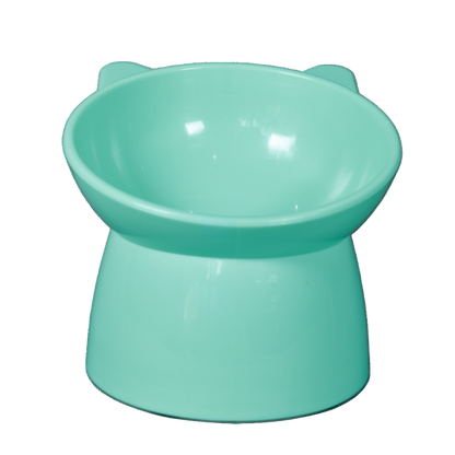 Green elevated plastic cat bowl front view. 