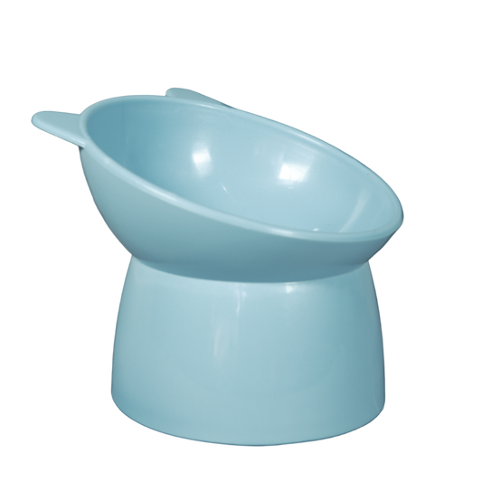 Blue elevated plastic cat bowl side view. 
