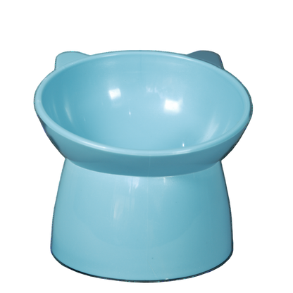 Blue elevated plastic cat bowl front view. 