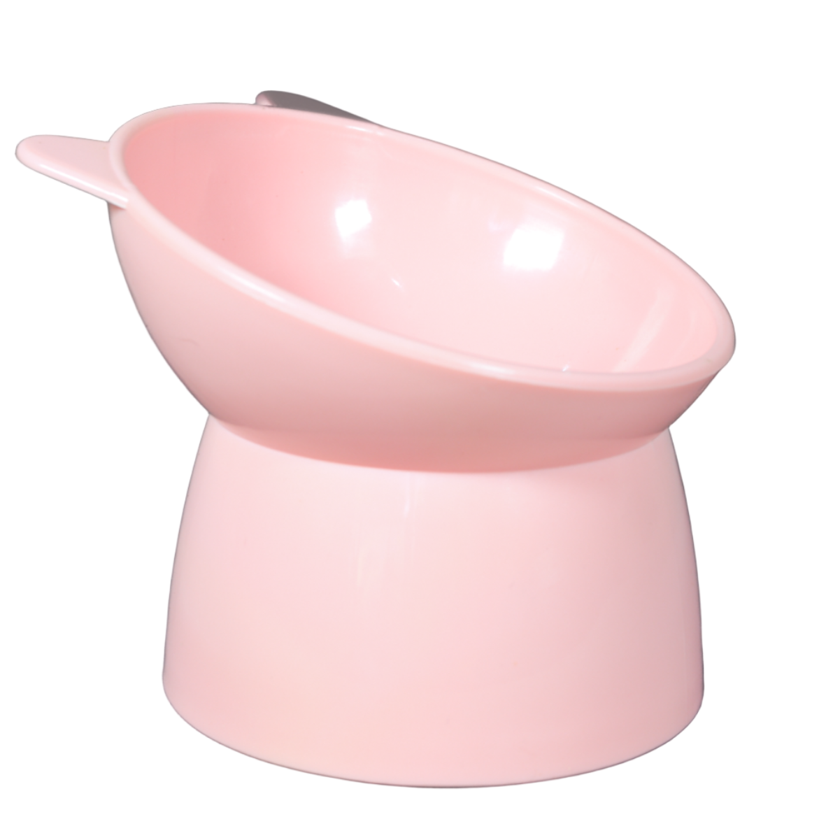 Pink elevated plastic cat bowl side view. 