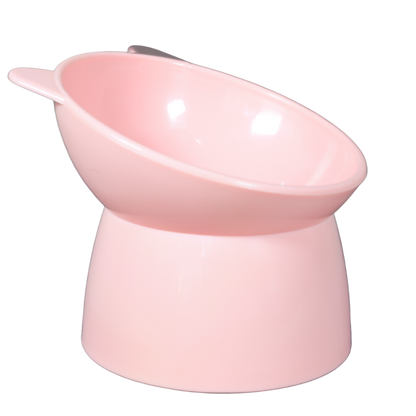 Pink elevated plastic cat bowl side view. 