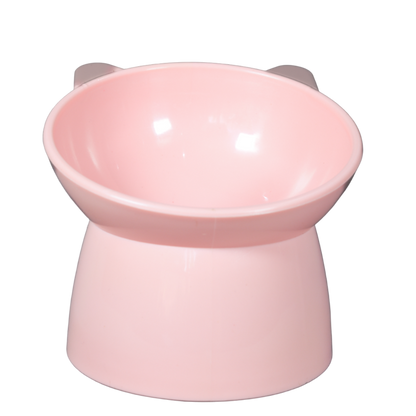 Blue elevated plastic cat bowl front view. 
