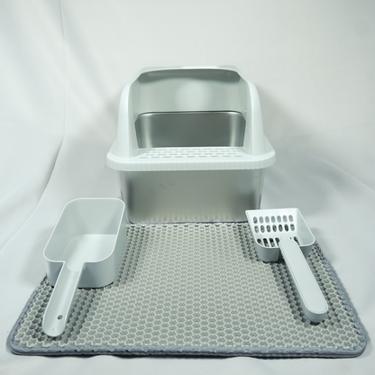 The Clean Getaway | Stainless Steel Cat Litter Box with High Walls, Scoop & Mat