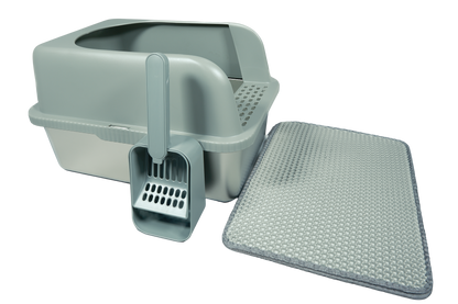 The Clean Getaway | Stainless Steel Cat Litter Box with High Walls, Scoop & Mat