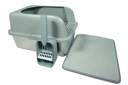 The Clean Getaway | Stainless Steel Cat Litter Box with High Walls, Scoop & Mat