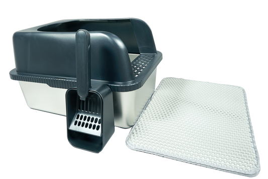 The Clean Getaway | Stainless Steel Cat Litter Box with High Walls, Scoop & Mat