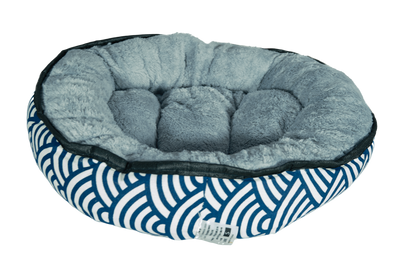 kitten bed in grey and blue pattern