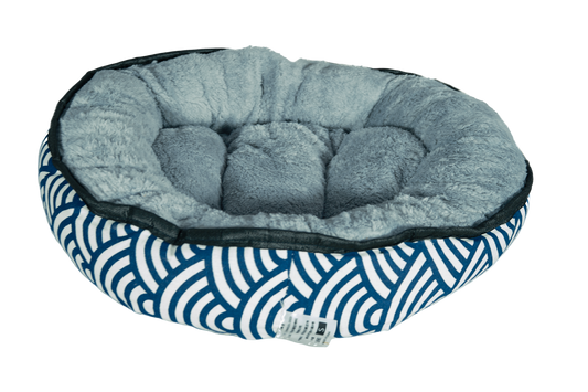 kitten bed in grey and blue pattern