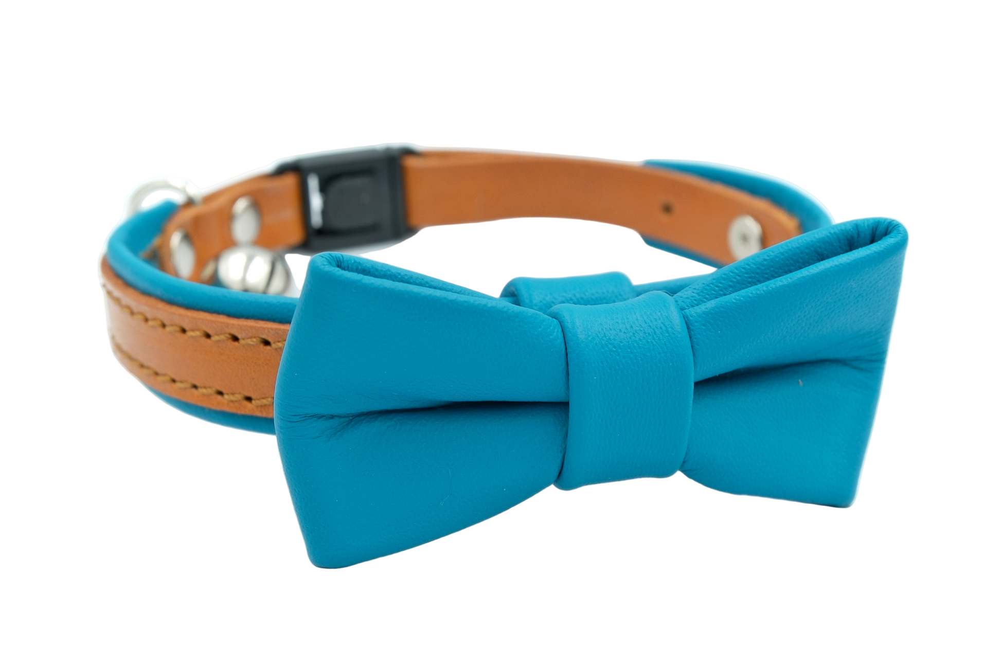 Blue leather cat collar with bowtie, The Rosetta Ruby