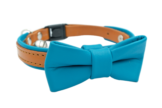Blue leather cat collar with bowtie, The Rosetta Ruby