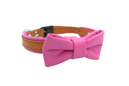 Pink leather cat collar with bowtie, The Rosetta Ruby