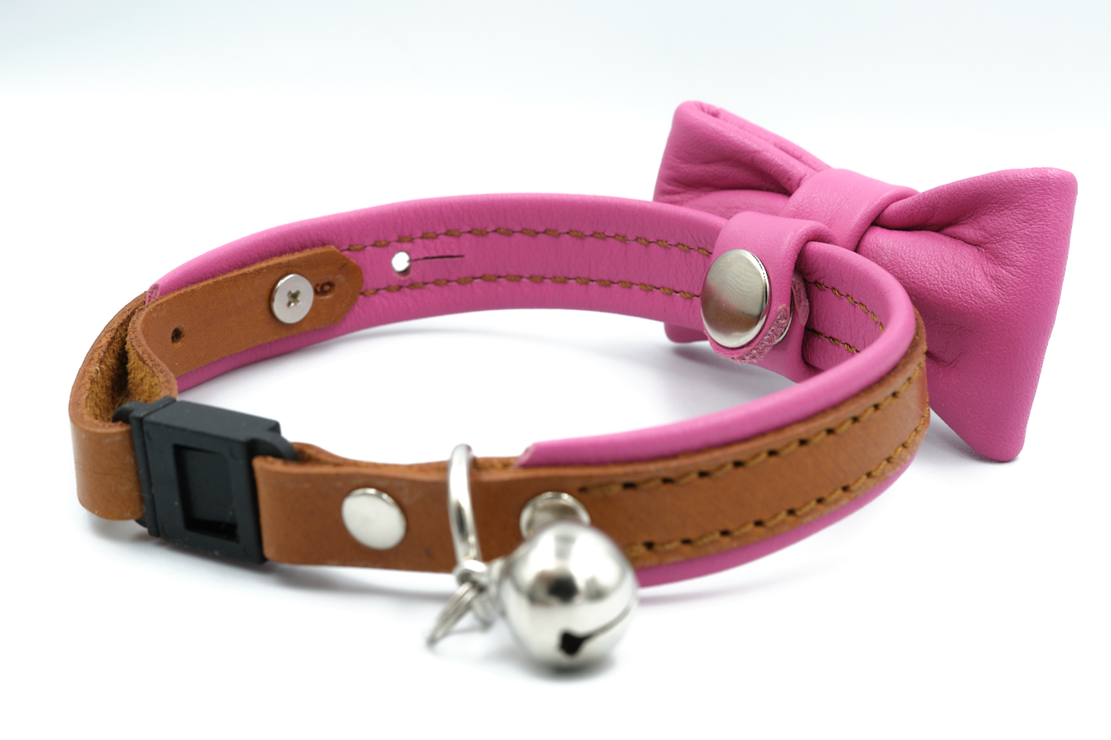 Pink leather cat collar with bowtie, The Rosetta Ruby