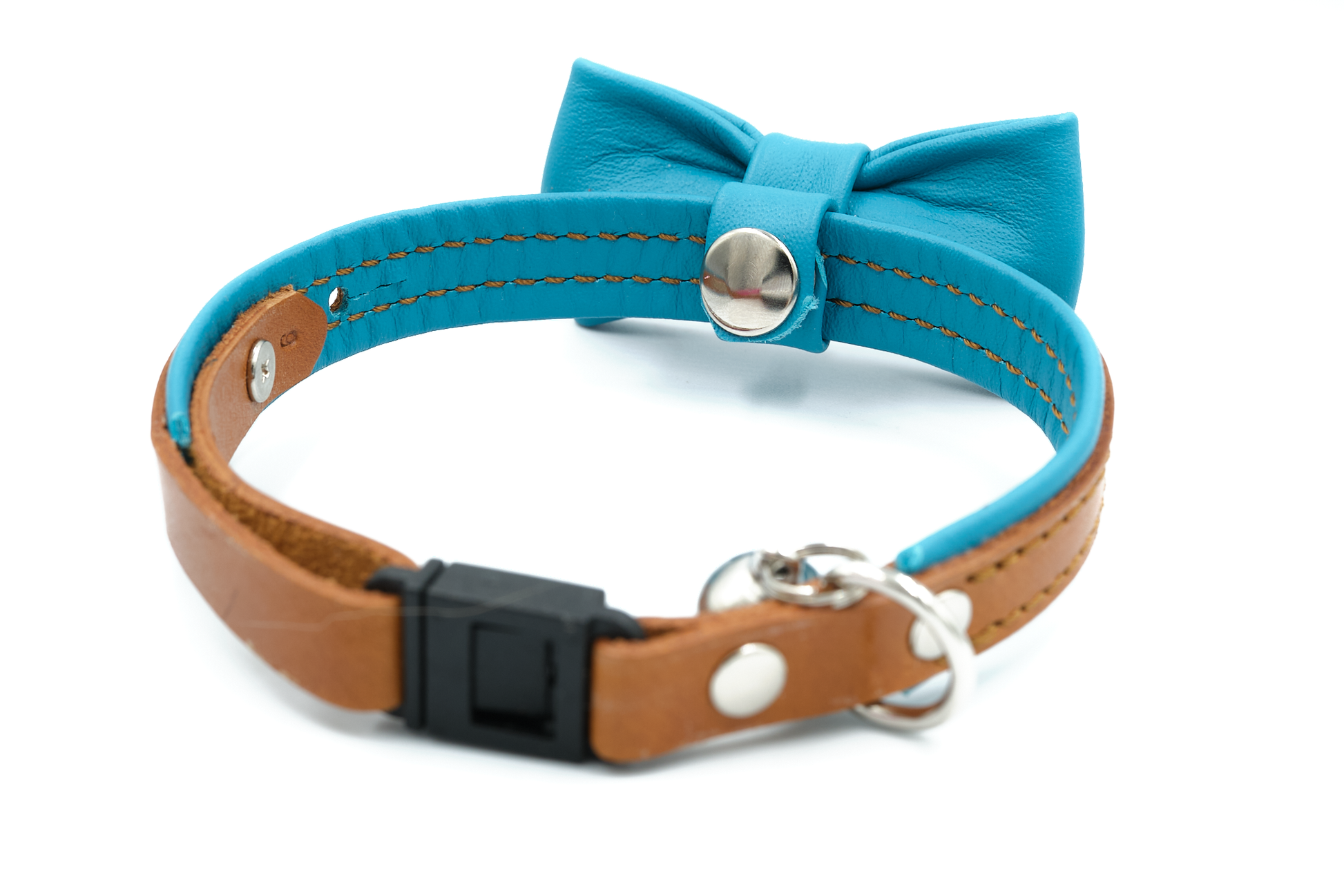 Blue leather cat collar with bowtie, The Rosetta Ruby
