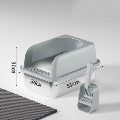 Light grey stainless steel litter tray showing 51×36×30 cm dimensions with scoop and mat.