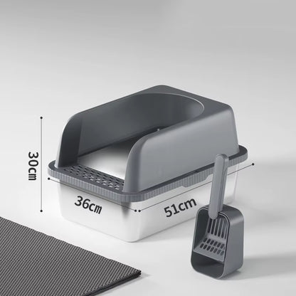 Dark grey stainless steel cat litter box, high-wall anti-splash guard, scoop and mat.