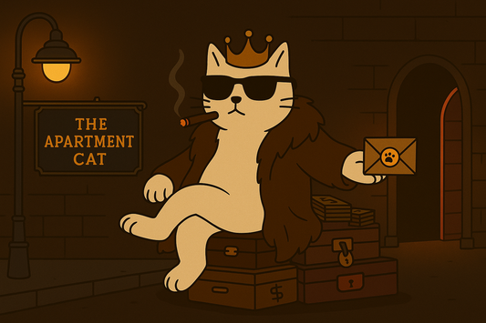 Luxury cat gift voucher illustration – cartoon white cat in crown, sunglasses, and fur coat holding a paw-stamped envelope outside The Apartment Cat, in a dark mafia-noir style.