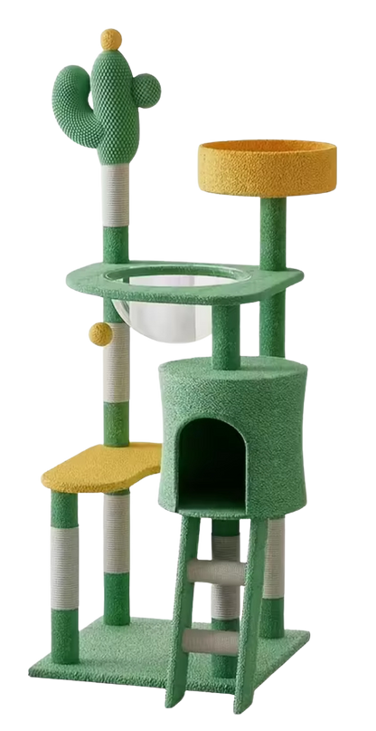 Cactus compound cat tree with green and yellow platforms, condo, and perch.