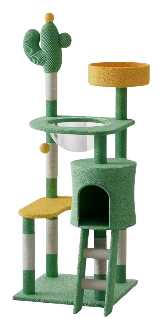 Cactus compound cat tree with green and yellow platforms, condo, and perch.