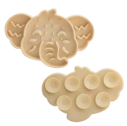 Brown elephant slow feeder mat for cats with suction cups. Back view of elephant feeder mat showing suction cups