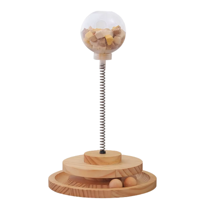 cat slow feeder treat toy with wood base and spring globe