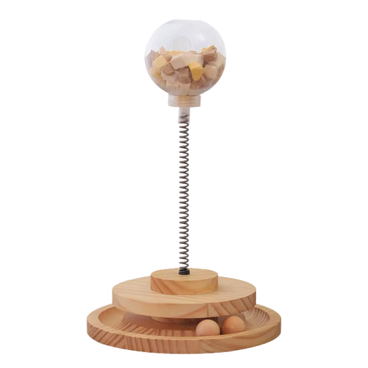 cat slow feeder treat toy with wood base and spring globe