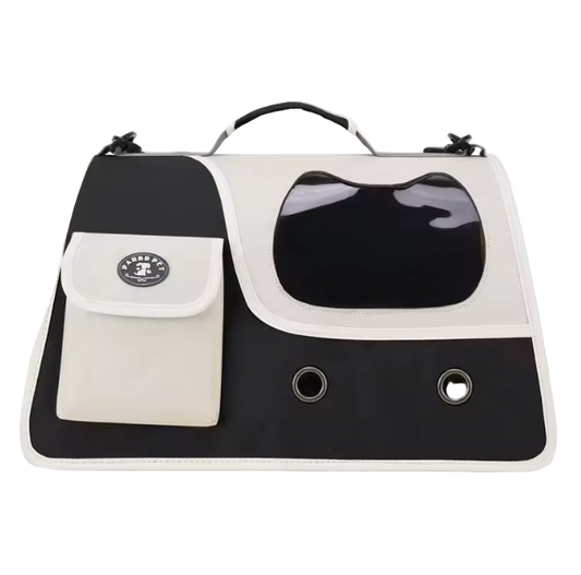 Black foldable cat carrier bag with ventilation holes and window