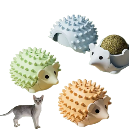 Blue, green, and orange hedgehog catnip toys shown on display